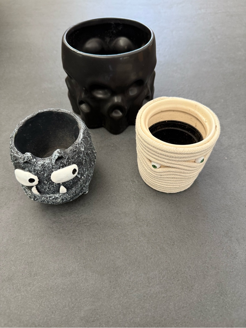 3 Spooky Halloween Skull, Monster and Mummy Pot Trio - Black, Gray, Cream